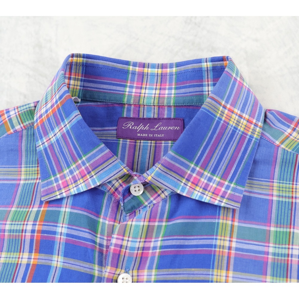 Ralph Lauren Purple Label Shirt Mens 16 Blue Plaid Cotton Linen Made in Italy